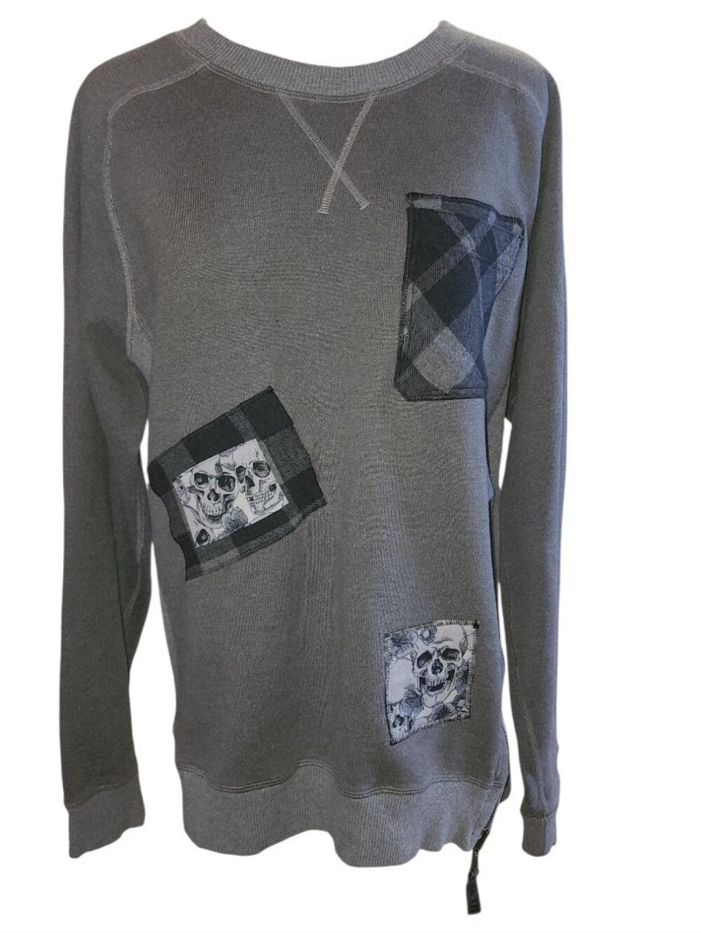 LULULEMON Grey Crewneck Sweatshirt Patch Pocket Skulls Upcycled OOAK Unisex Cozy